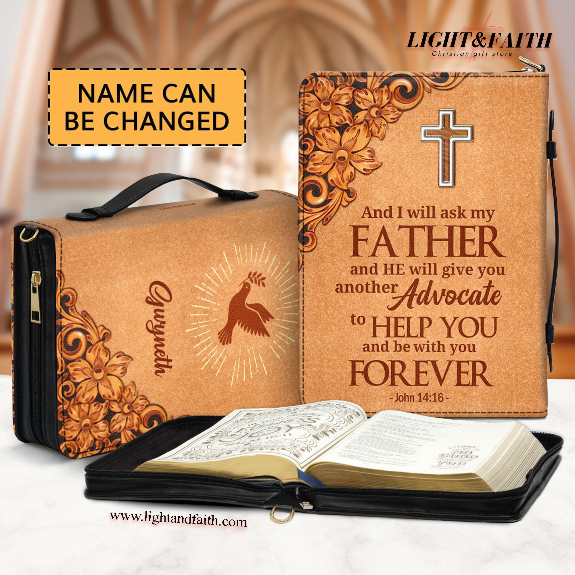 John 14:16 - Pigeon And Cross Leather Book Cover, Personalized Zippered Bible Cover With Handle, Spiritual Gifts For Christians, Christian Gift, Bible Covers Jesus Gifts